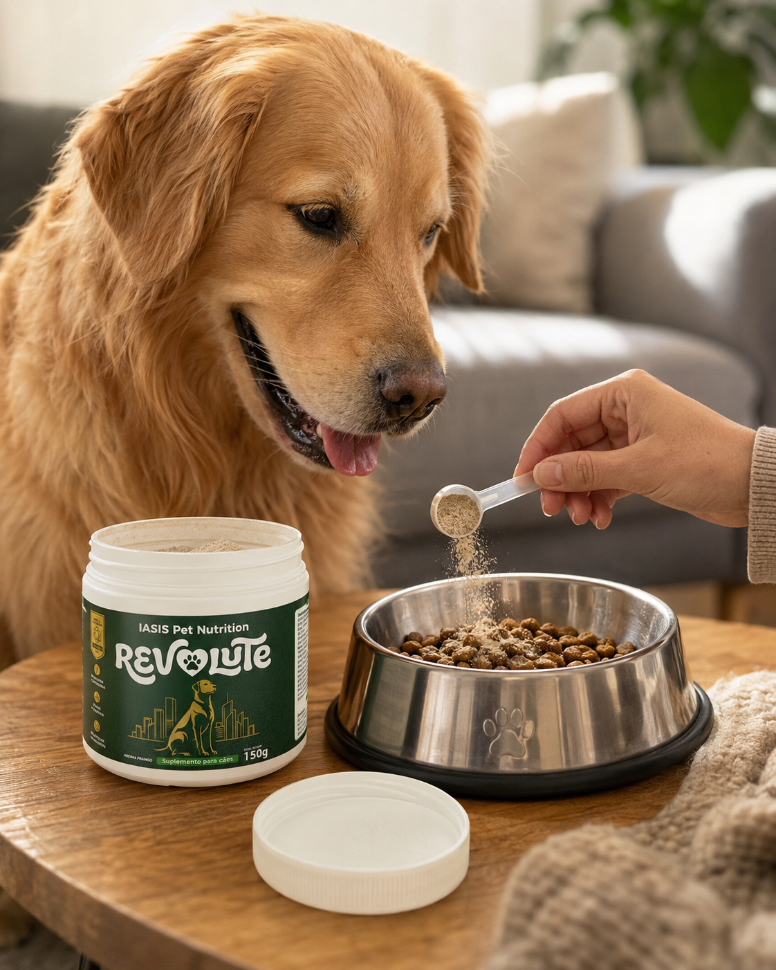 Tutor oferecendo Revolute para o cão